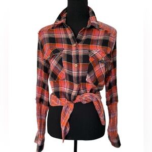 Free People We the Free Womens Multicolor Plaid Tie Waist Button Up Top Size M